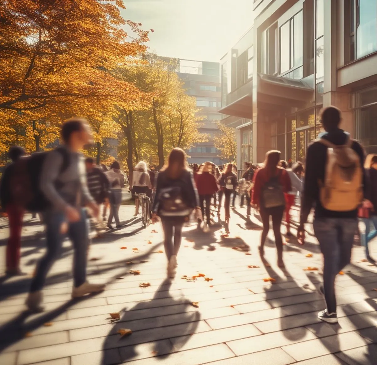 Studierende auf dem Weg über einen sonnigen Campus im Herbst
