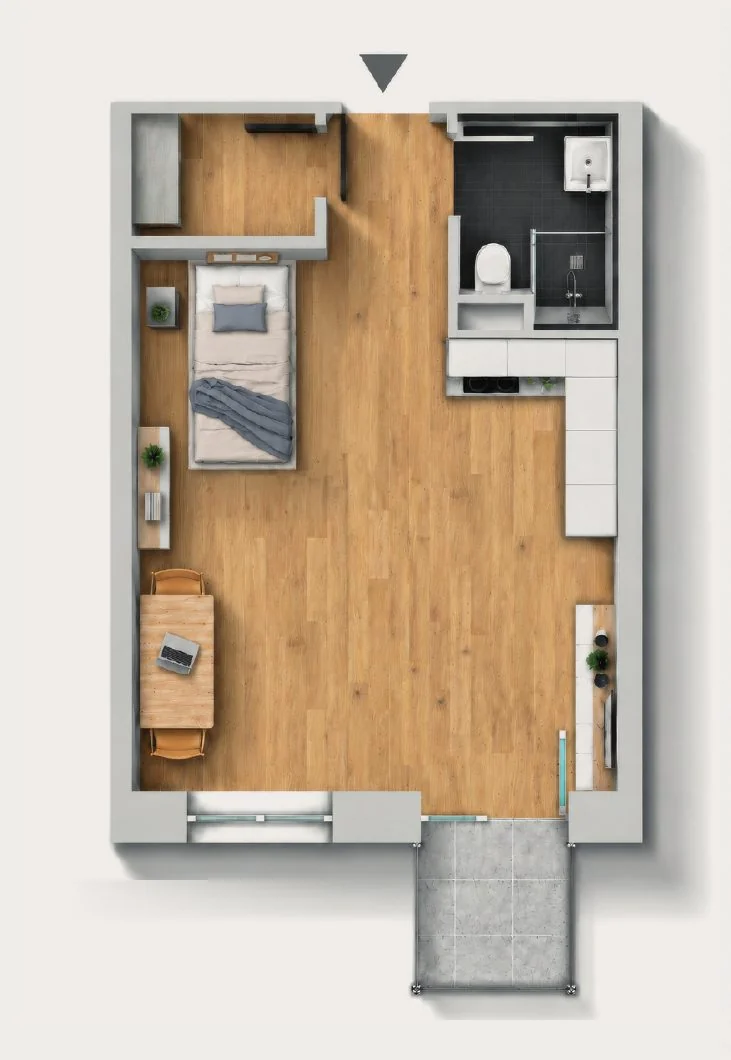 Beispielgrundriss eines größeren Apartments mit Bad, Küchenzeile, Schlaf- und Arbeitsbereich und Balkon