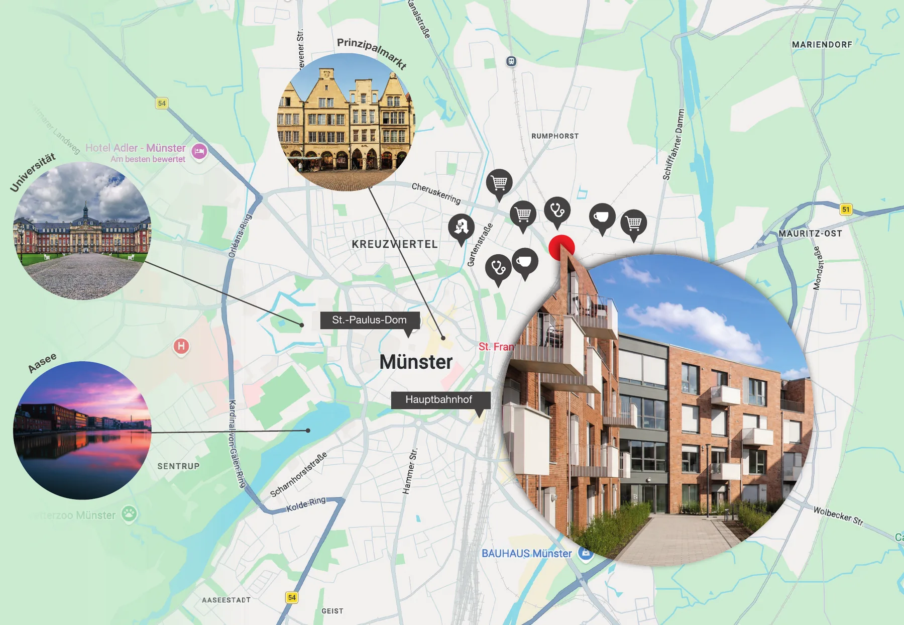Stadtplan von Münster, das N19 im Erphoviertel ist markiert, nahe Altstadt, Universität, Aasee und Hauptbahnhof